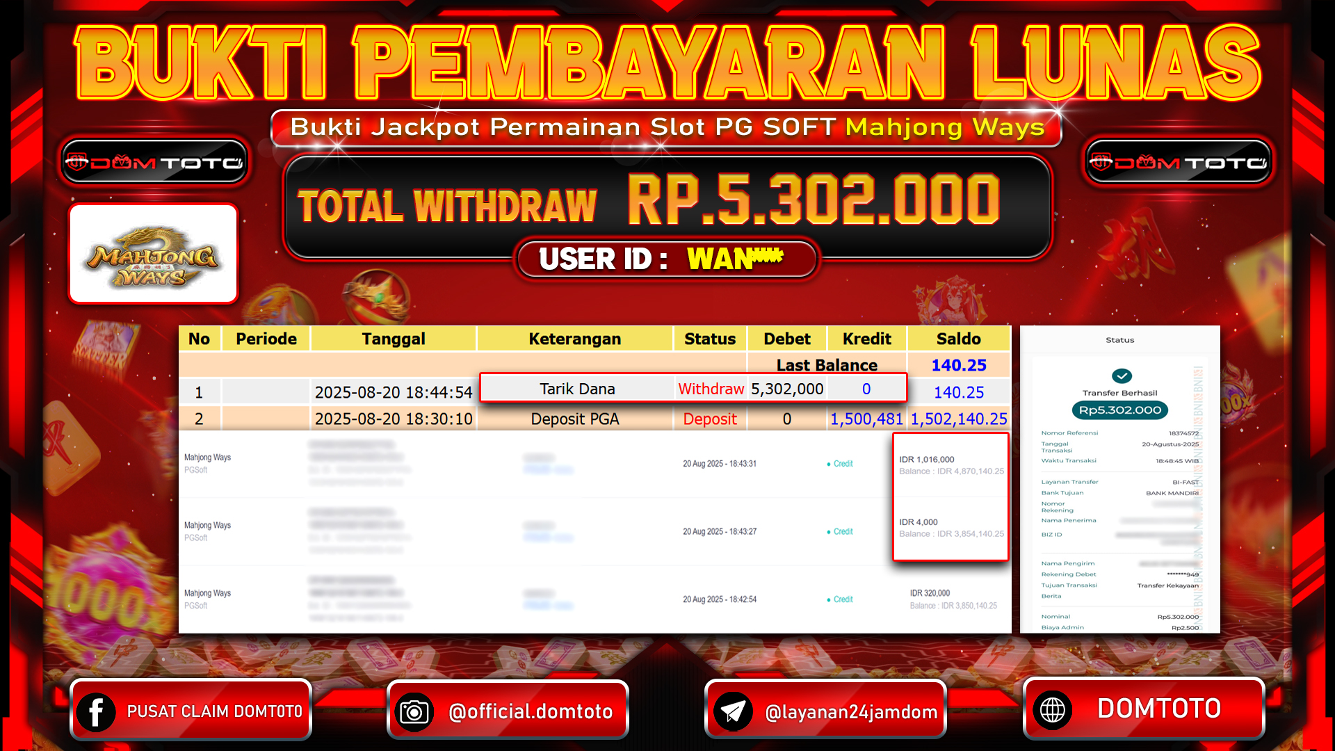 JACKPOT SLOT MAHJONG WAYS 20 AGUSTUS  2025